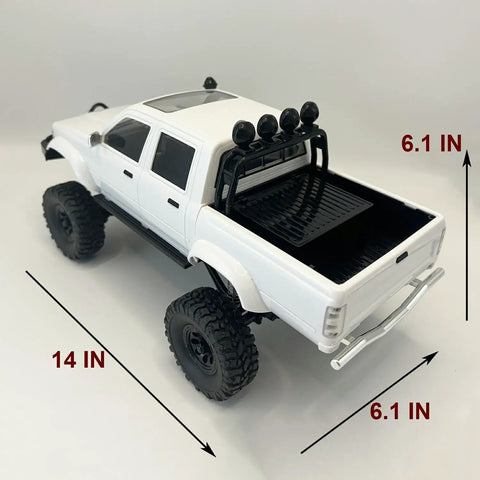 Rear view of 4x4 RC Rock Crawler Truck with Beefed Up Chassis and Twin Cab Hard Body, showing bed and proportional steering, 1/16 scale.