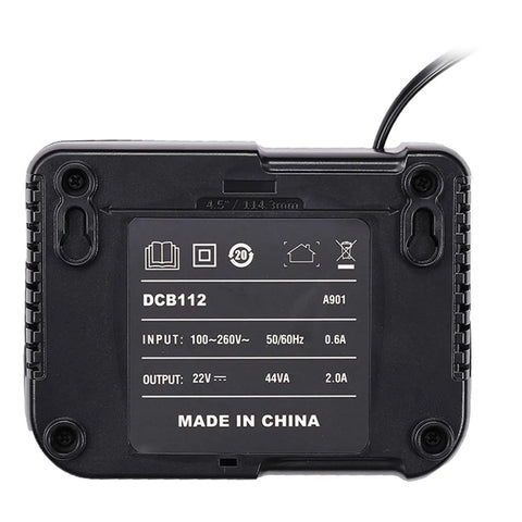Bottom view of Replacement Dewalt 12V 20V Max Lithium Charger Station showing DCB112 model label and input-output specifications.