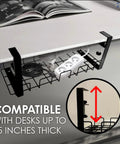 No Drill Under Desk Cable Management Tray Set, 2 Pack Clamp On Metal Wire Cable Organizer holding power strip under desk