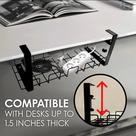 No Drill Under Desk Cable Management Tray Set, 2 Pack Clamp On Metal Wire Cable Organizer holding power strip under desk