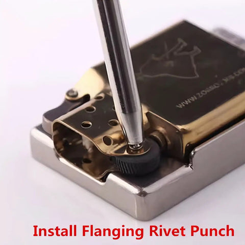 Close-up of Complete 5 Piece Lighter Repair Tool Kit With Heavy Duty Steel Wheel Rivet Punch Set installing rivet with punch.