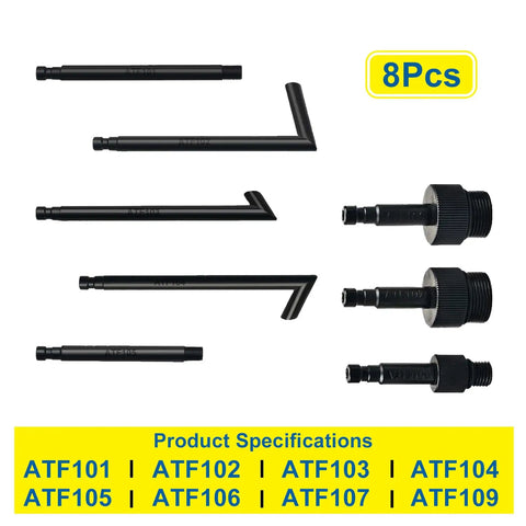 8 ATF adapters for 3 Liter Transmission Fluid Pump Kit for easy fluid change, includes model specifications ATF101 to ATF109.