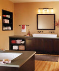Bathroom with dark wood vanity, mirror, and warm lighting, featuring Eight Pack 3W LED Light Bulbs E26 Base 120V Warm White 3000K.