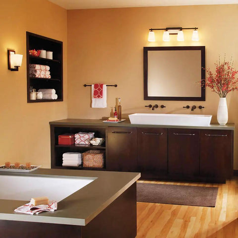 Bathroom with dark wood vanity, mirror, and warm lighting, featuring Eight Pack 3W LED Light Bulbs E26 Base 120V Warm White 3000K.