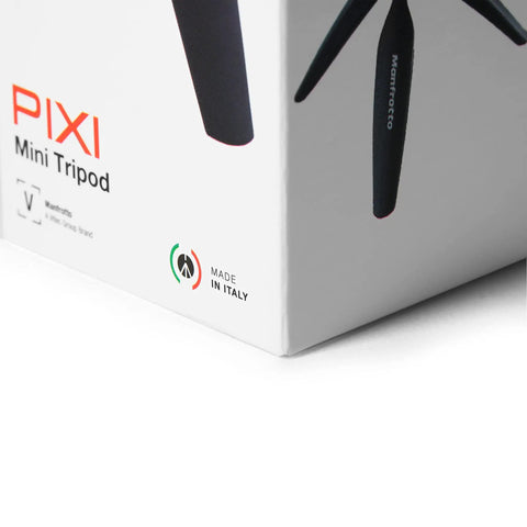 Close-up of PIXI Mini Tripod packaging showing Made in Italy label and tripod leg.