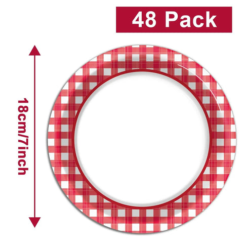 48 Pack Red And White Checkered Disposable Paper Plates For Backyard Kickbacks Rad Checkered Plaid Dessert Plates 7 inch round paper plates.