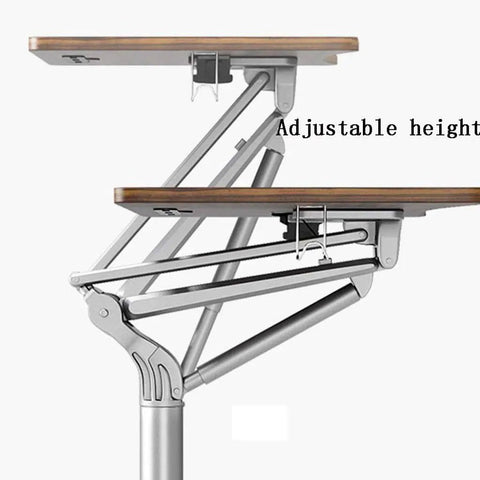 Totally Adjustable Pneumatic Sit Stand Rolling Laptop Desk Cart features adjustable height mechanism and ergonomic wooden platform.