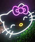 Anime Cat Neon Sign For Girls Room And Game Room, cute cat face with pink bow, low heat PVC wall decor with soft glow.