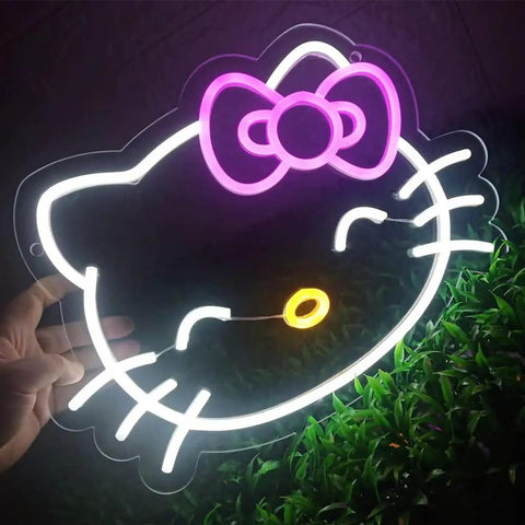 Anime Cat Neon Sign For Girls Room And Game Room, cute cat face with pink bow, low heat PVC wall decor with soft glow.
