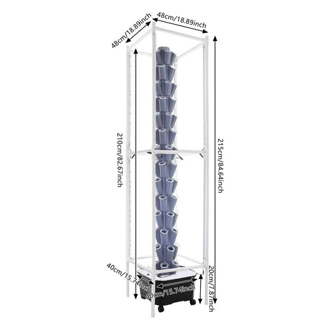 Vertical Hydroponic Garden Tower With 70 Pods And 14 Tiers, 8 LED Light Strips shown with dimensions.