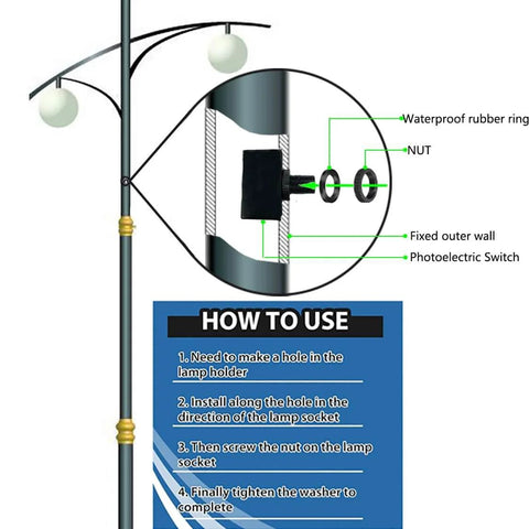 Diagram of Outdoor Photocell Light Sensor Switch For Dusk To Dawn Auto On Off installation on lighting post