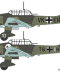 Illustration of Junkers Ju87B-1 Stuka WW2 Plane Kit Gift Set, 1:72 Scale Plastic Model with camouflage design and decals.