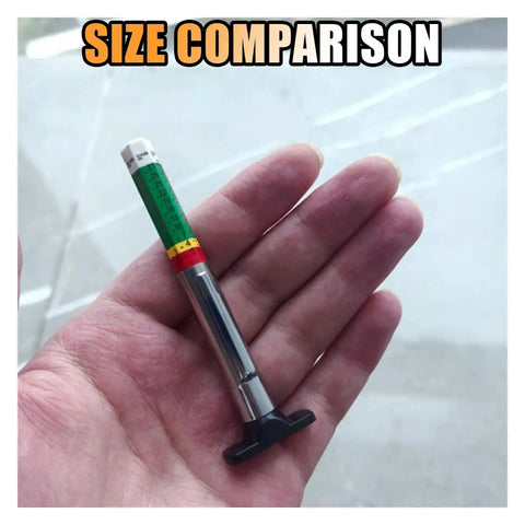 Color Coded Tire Tread Depth Gauge Set 2 Pack Professional Tire Depth Meter Tool shown compared to hand for size reference.