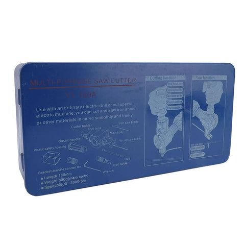 Versatile Sheet Nibbler Cutter Tool With 360 Degree Rotating Head For Electric Or Pneumatic Drills Precision Metal Wood Cutting Steel Stainless Plastic Lamina And Thin Material Heavy Duty Attachment in blue case showing functions and parts.
