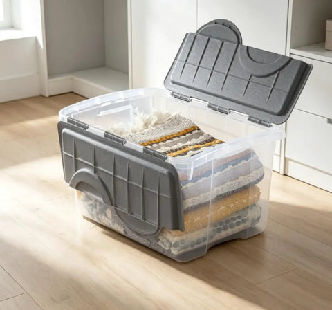 Top Shelf 2 Pack Of 48 Quart Stackable Storage Bins With Clear Plastic Flip Hinge Lids And Gray Finish with blankets inside