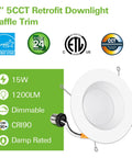 6 inch LED downlight with baffle trim, 1200 lumens, dimmable, CRI90, damp rated, featuring ETL certification and energy efficiency.