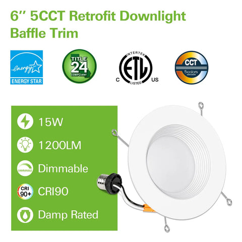6 inch LED downlight with baffle trim, 1200 lumens, dimmable, CRI90, damp rated, featuring ETL certification and energy efficiency.