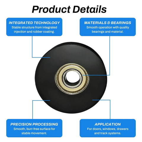 Two Piece U Groove Round Pulley 0.4x2.0x0.7in Nylon Coated Wheel With 380kg Load Capacity For Doors Windows Drawers Hardware Durable Sliding Support Smooth Operation For Quiet Reliable Sliding And Easy Installations, black wheel close-up
