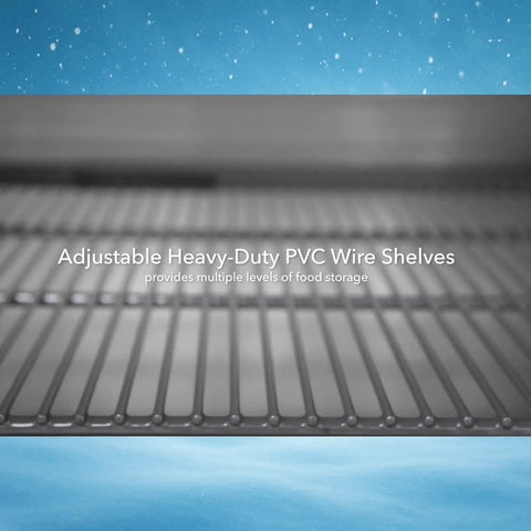 Adjustable heavy-duty PVC wire shelves inside Top Shelf Two Door Reach In Freezer Built Tough With Smooth Stainless Finish And No Nonsense Self Sealing Doors Perfect For Busy Commercial Kitchen Cold Storage Tasks.