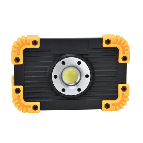 YWBL-WH Mini COB Emergency Flood Light, 6-Angle Adjustable Stand with sturdy black body and yellow rubber corners.
