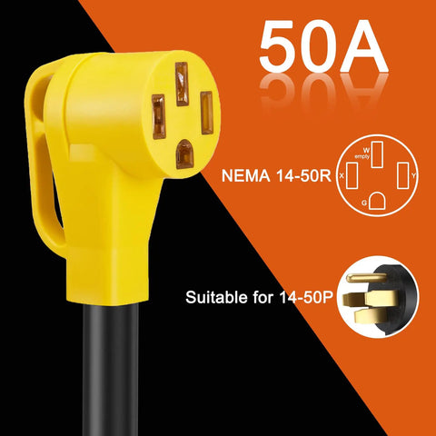 NEMA 14-50R plug for EV charging, yellow design, suitable for 14-50P, 50A capacity, part of Badass Heavy Duty Nema L6-30p To 14-50r Ev Charger Adapter Cord.
