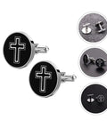 Cross Design Titanium Steel Cufflinks For Men Black One Pair Dress Shirt Fasteners For Formal And Casual Wear Sharp Everyday Accessory For Suits Tuxedos Office Look And Gift Ideas, showing round black cufflinks with cross design