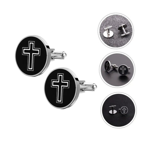 Cross Design Titanium Steel Cufflinks For Men Black One Pair Dress Shirt Fasteners For Formal And Casual Wear Sharp Everyday Accessory For Suits Tuxedos Office Look And Gift Ideas, showing round black cufflinks with cross design