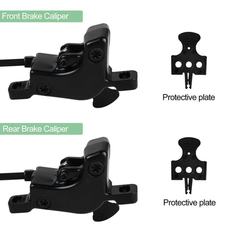 Bike hydraulic brake caliper set, front and rear, black with protective plates and mounting brackets