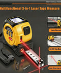 Built Tough 3 In 1 Laser Tape Measure And Rangefinder With Cross Line Level And Heavy Duty Magnetic Hook For Dead Accurate Area Volume And Pythagorean Measurements Up To 197 Ft Battery Powered Yellow with laser and tape display.