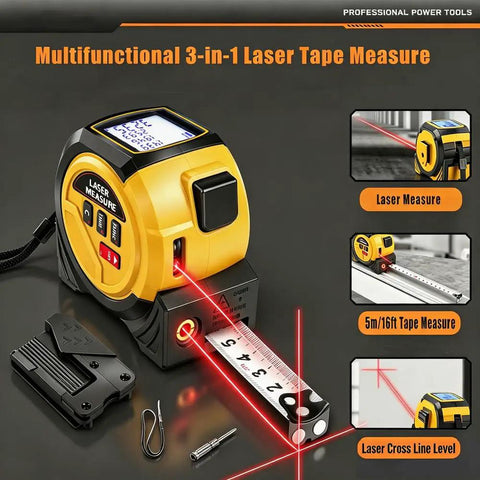 Built Tough 3 In 1 Laser Tape Measure And Rangefinder With Cross Line Level And Heavy Duty Magnetic Hook For Dead Accurate Area Volume And Pythagorean Measurements Up To 197 Ft Battery Powered Yellow with laser and tape display.
