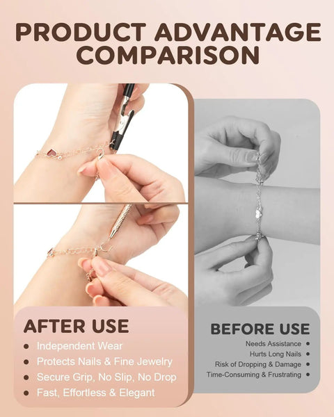 Comparison before and after using Portable Bracelet Helper Tool With Rubber Tip Clips And 1mm Round Hook for easy jewelry fastening