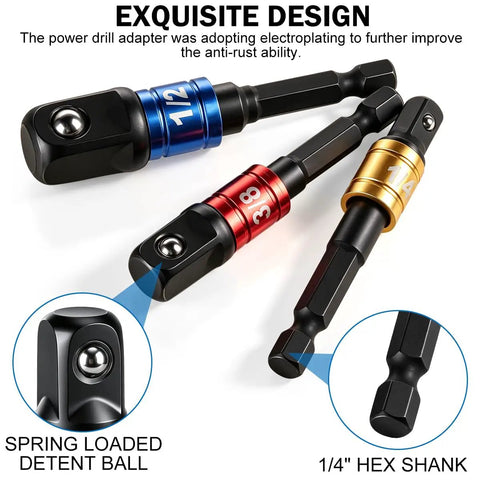 Premium Three Piece Impact Socket Adapter Kit with 1/4, 3/8 And 1/2 Inch Drive Includes Right Angle Drill Attachment For Tough Jobs At Home Or Work, three adapters
