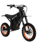 Heavy Duty Electric Dirt Bike And Dual Mini Motorcycle Setup For Teens And Adults Brings The Heat With A Two Thousand Watt Motor Twenty One Amp Hour Battery Three Gear Shifts Up To Thirty Seven Miles Per Hour And Zero Gas Headaches, side view of a black electric dirt bike with orange accents.