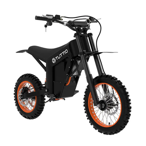 Heavy Duty Electric Dirt Bike And Dual Mini Motorcycle Setup For Teens And Adults Brings The Heat With A Two Thousand Watt Motor Twenty One Amp Hour Battery Three Gear Shifts Up To Thirty Seven Miles Per Hour And Zero Gas Headaches, side view of a black electric dirt bike with orange accents.