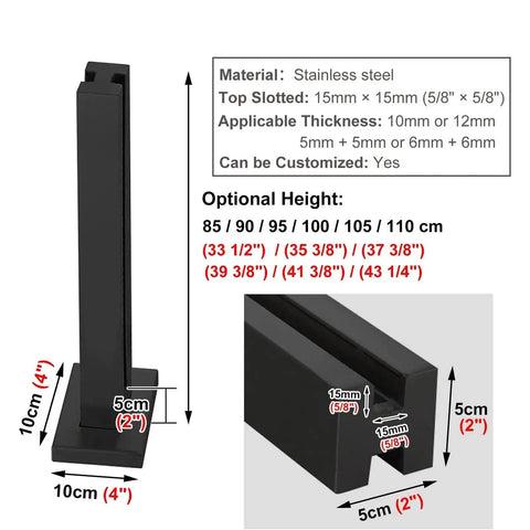Sleek Matte Black Glass Railing Posts With Heavy Duty Stainless Steel Cores For Indoor Outdoor Decks Balconies And Pools showing detailed dimensions and specifications.
