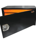Heavy Duty Swivel Three Drawer Underbody Truck Storage Box with a sleek black finish and orange drawers for organized gear access.