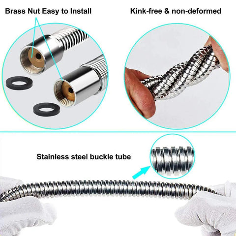 Close-up of stainless steel 60 Inch Pre Rinse Sprayer Hose With Heat Resistant Handle, showing connectors and kink resistance