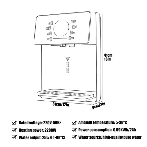 2200W Wall Mounted Water Dispenser With Kid Safe Lock, Adjustable Temperature, Big Touchscreen, 31x8x41 cm, Sleek Gray