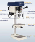10 Inch Benchtop Drill Press With Variable Speed From 50 To 3000 RPM Cast Iron Table And Base 6.2 Amp Motor Laser Alignment And LED Work Light Inverter Stepless Control White Finish.