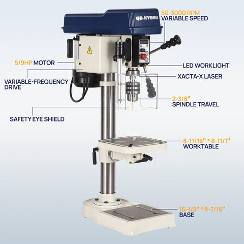 10 Inch Benchtop Drill Press With Variable Speed From 50 To 3000 RPM Cast Iron Table And Base 6.2 Amp Motor Laser Alignment And LED Work Light Inverter Stepless Control White Finish.