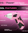 Diagram highlighting features of Cordless Screwdriver Kit In Pink With 3.6V Rechargeable Battery, LED Light, Portable Mini Drill.