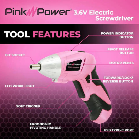 Diagram highlighting features of Cordless Screwdriver Kit In Pink With 3.6V Rechargeable Battery, LED Light, Portable Mini Drill.