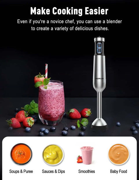 Heavy Duty 1000W Immersion Blender With 25 Adjustable Speed Settings And Tough Copper Brushless Motor Corded Hand Mixer beside smoothies and puree bowls.