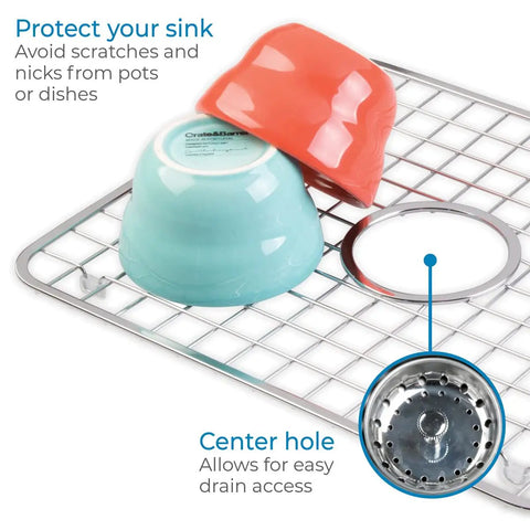 Stainless Steel Sink Grid With Center Drain Polished Finish For Kitchen Use Tough As Nails Heavy Duty Protective Rack That Prevents Scratches Doubles As A Draining Tray And Drying Rack Fits Most Standard Sinks with bowls on top.