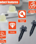 Heavy Duty Car License Plate Screw Kit With Nylon Insert Stainless Steel Self Tapping Bolts Rust Proof Hardware shown with fasteners and features.