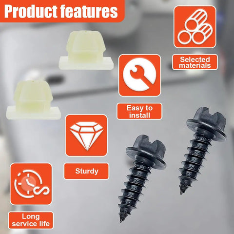 Heavy Duty Car License Plate Screw Kit With Nylon Insert Stainless Steel Self Tapping Bolts Rust Proof Hardware shown with fasteners and features.