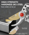 Close-up of Workhorse Heavy Duty Pruning Shears Bypass Garden Clippers cutting metal, featuring SK5 steel teflon coated blade.