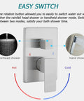 10 Inch Ceiling Mounted Shower System With Rain Mixer And Rainfall Head Brushed Nickel Finish All Metal Construction Solid Brass Mixing Valve High Pressure Performance Rough In Valve Body Trim Kit Included Easy Install showing switch details for overhead and hand shower modes.