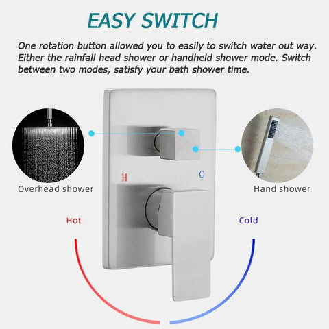 10 Inch Ceiling Mounted Shower System With Rain Mixer And Rainfall Head Brushed Nickel Finish All Metal Construction Solid Brass Mixing Valve High Pressure Performance Rough In Valve Body Trim Kit Included Easy Install showing switch details for overhead and hand shower modes.