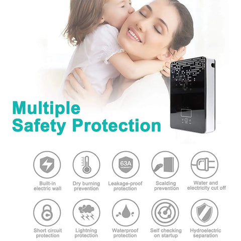 Instant 6500W Electric Water Heater For Bathroom And Dormitory With Digital Temp Display showing safety features and family.
